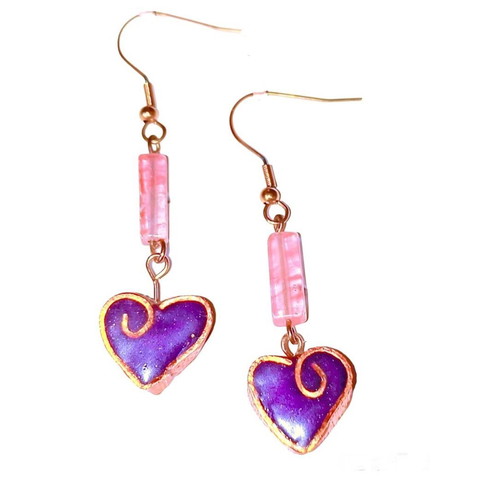 Handmade earrings with pink nephrite gemstone and clay heart