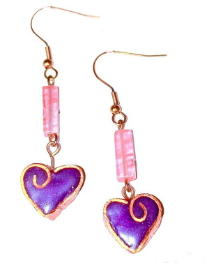 Handmade earrings with pink nephrite gemstone and clay heart