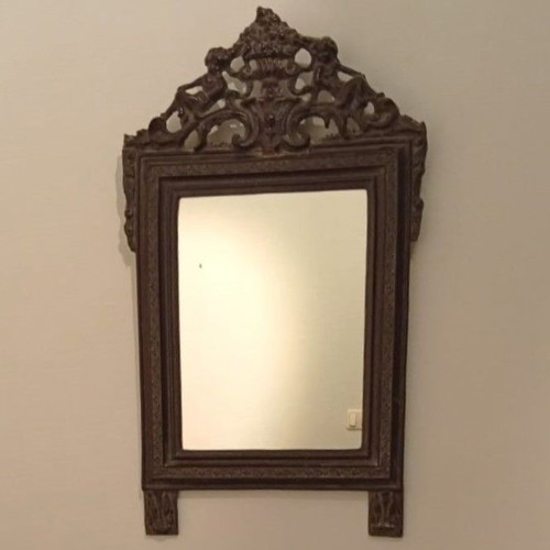 Carved Mirror statement piece with sculpted figures, like new, dark gray