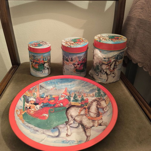 Christmas platter with three metal storage jars like new