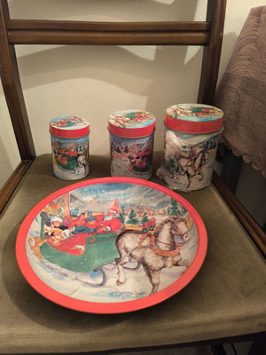 Christmas platter with three metal storage jars like new