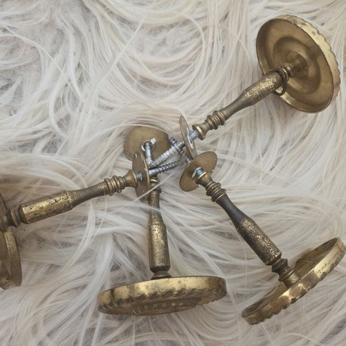 Vintage Brass Curtain Tiebacks Set of 4 Used Medallion Wall Hooks