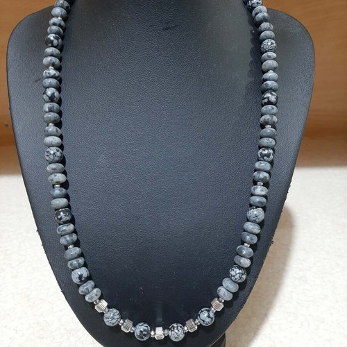 Necklace with obsidian, larvikite and hematite in steel new