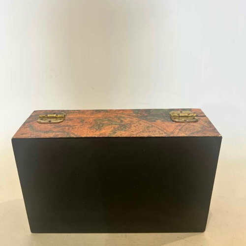 Vintage wooden jewelry box with world map, used, 6x16x9.5 cm