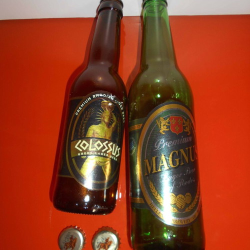 Colossus and Magnus beer bottles and caps used, set of 2 from Rhodian Brewery