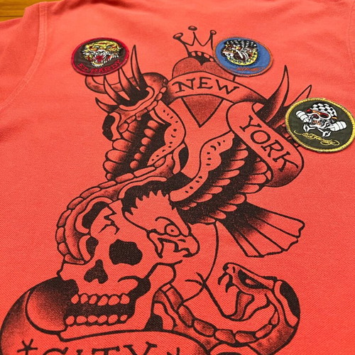 Ed Hardy men's orange polo shirt used with skull backprint