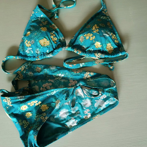 Marks and Spencer women's swimsuit used, blue with gold embroidery