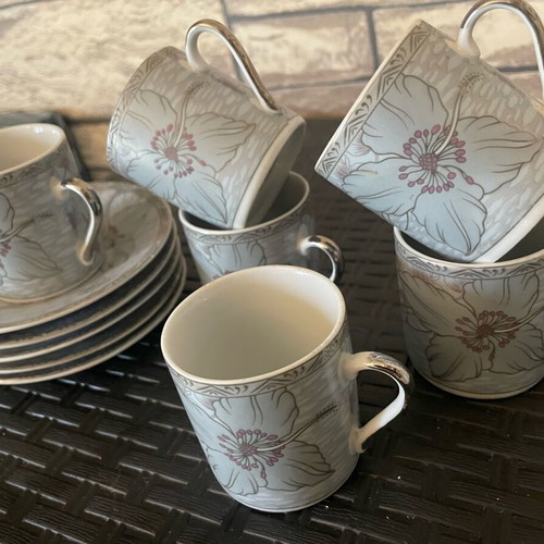 Greek coffee serving set 6 pieces blue with silver like new