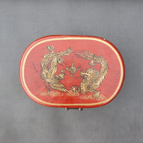 Vintage Chinese Red Lacquered Leather Box with Gilded Dragon and Phoenix