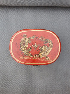 Vintage Chinese Red Lacquered Leather Box with Gilded Dragon and Phoenix