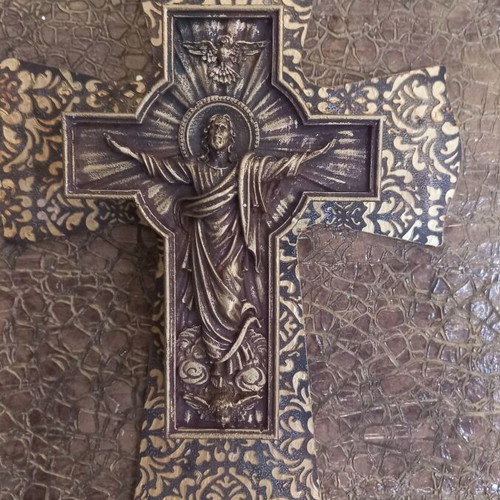 Religious image cross on wood 30×40 cm new with porcelain