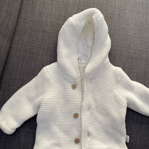Baby white cardigan like new, knitted with hood Orchestra