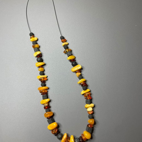Necklace with amber and lava new, silver clasp