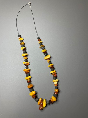 Necklace with amber and lava new, silver clasp