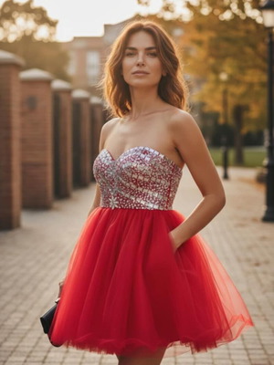 Evening women's dress new with tulle and glitter, size M, red