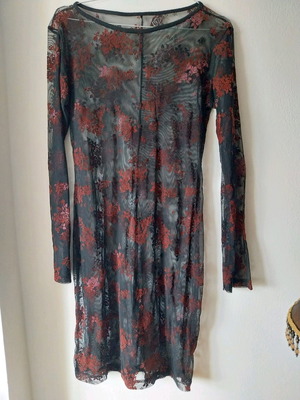Mesh dress like new, black with velour burgundy roses, transparent