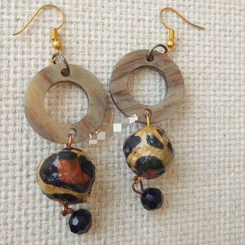 Leopard earrings new handmade with recycled paper beads and shell