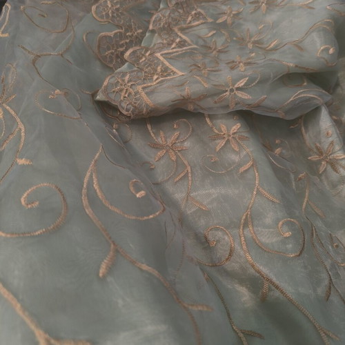 Voile curtain used, sage with gold embroidery and pleated tape
