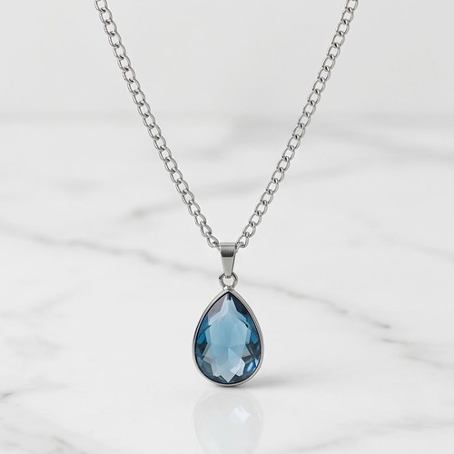 Necklace with Blue Crystal Tear made of Steel new