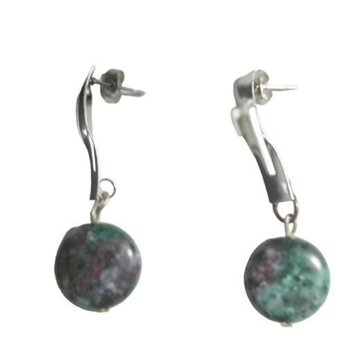 Earrings with green nephrite and steel silver hanging new