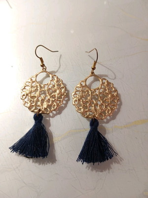 Handmade earrings gold color with steel element and blue tassel new
