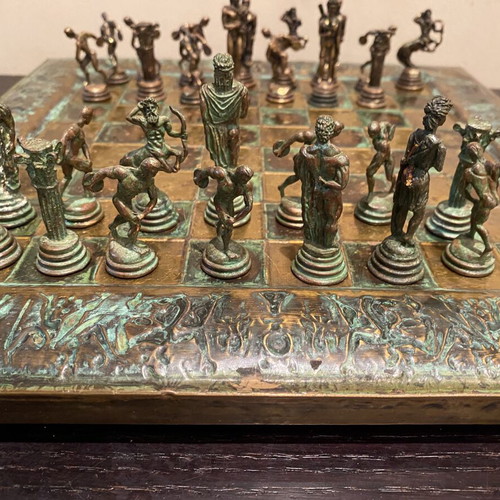 Handmade chess set with ancient Greek characters, vintage, used, missing 2 pieces