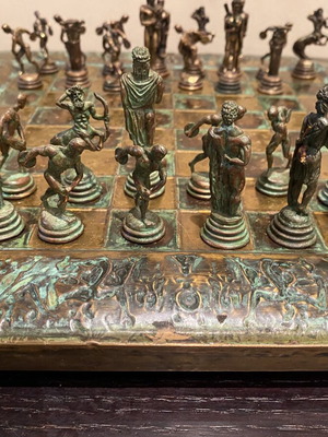 Handmade chess set with ancient Greek characters, vintage, used, missing 2 pieces