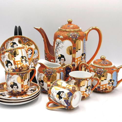 Satsuma Lithophane Geisha Japanese porcelain coffee set like new
