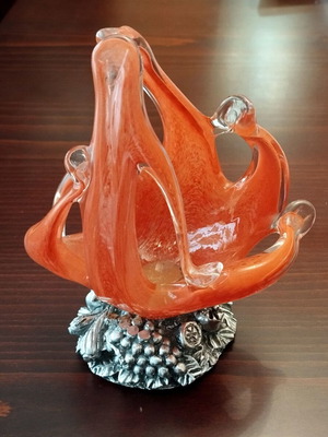 Decorative blown glass with metal base like new, Murano candy dish