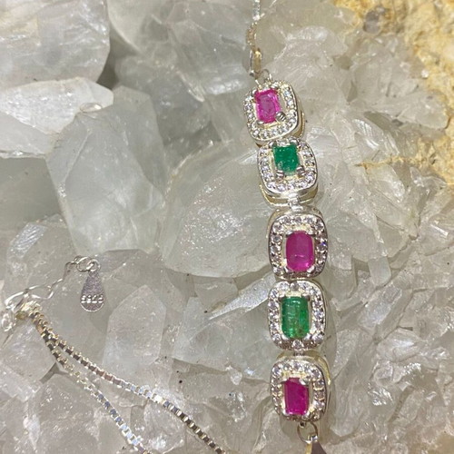 Handmade silver bracelet with natural emerald, ruby and moissanite, new