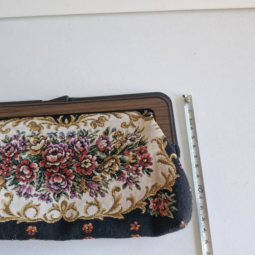 Vintage handbag clutch used with zipper pocket and fabric lining