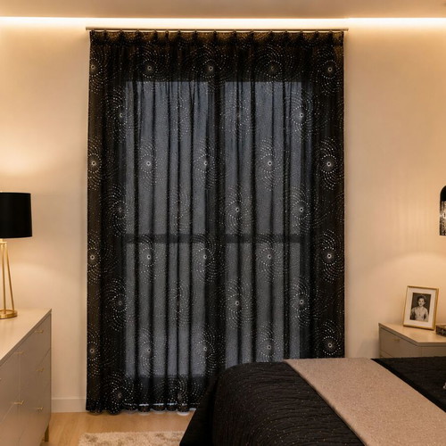 Black Semi-Transparent Curtain with Silver Spiral Design 286x274 cm new