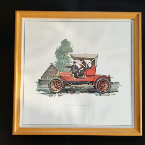 Collection of art prints with classic Opel car illustrations like new, 9 pcs