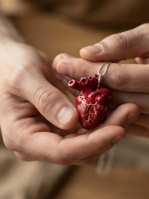 Handmade Ceramic Red and Black Anatomical Heart Pendant