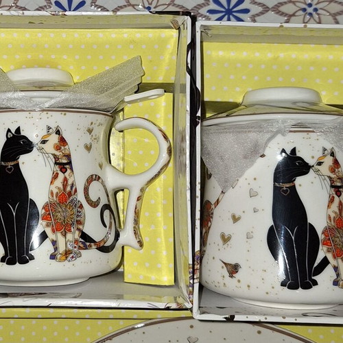 Porcelain tea set Cats series new, 2 cups with lids and strainer, cake plate