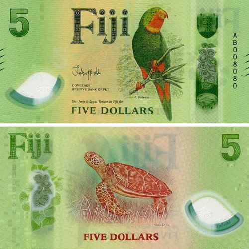 Fiji 5 Dollars Polymer Banknote 2026 with Parrot and Turtle