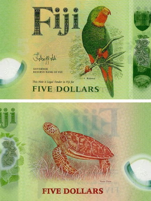 Fiji 5 Dollars Polymer Banknote 2026 with Parrot and Turtle