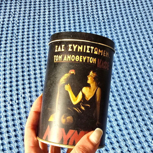 Vintage Loumidis coffee metal tin with pin-up girl
