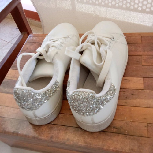 Sneakers used, white with silver rhinestones, size 36