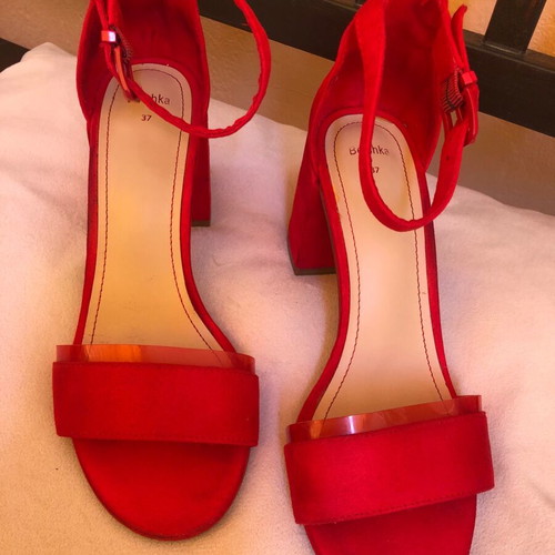 Bershka red sandals like new, size 37-37.5, heel 5-6 cm