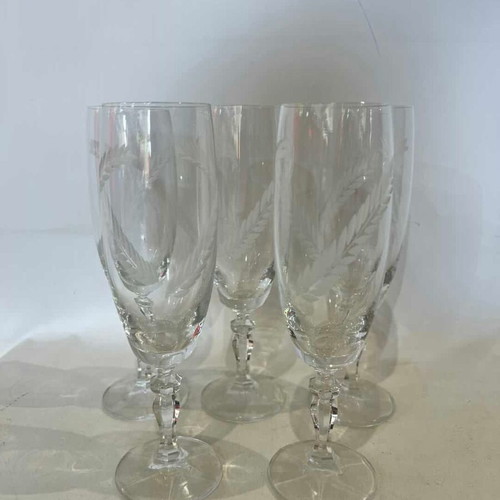 Champagne glasses set of 5 used with engraved leaf design