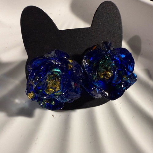 Blue gold rose earrings new handmade