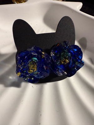 Blue gold rose earrings new handmade