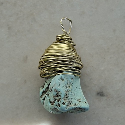 Handmade Turquoise Stone Pendant with Brass Wire