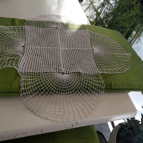 Vintage crochet doily set used, 4 pieces handmade dowry