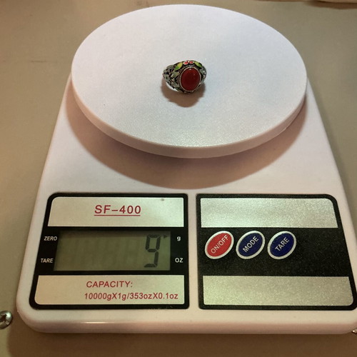 Vintage Tibetan style 925 sterling silver enamel ring with red coral paste cabochon, like new