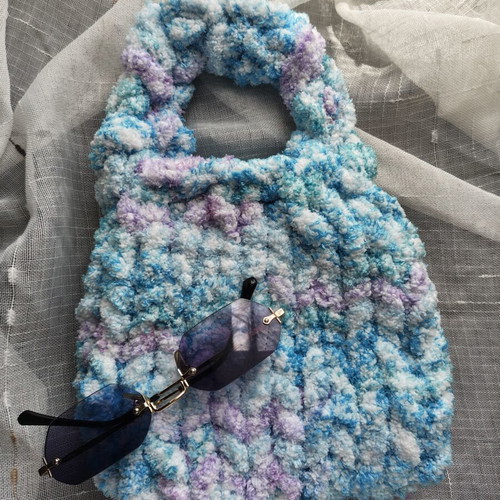 Handmade soft crochet handbag in blue and turquoise, new