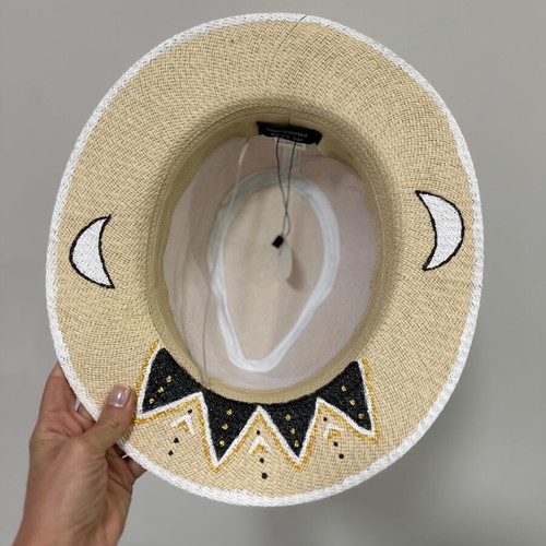 Hand Painted Straw Hat new, adjustable size, black and beige