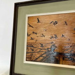Vintage pyrography wall art with seabirds and artist signature, 49x55