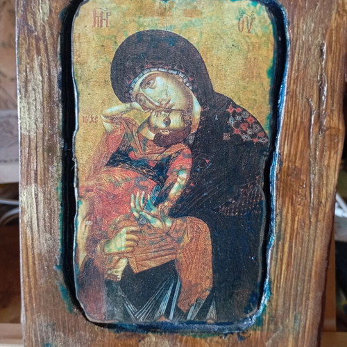 Handmade woodcut icon of Panagia